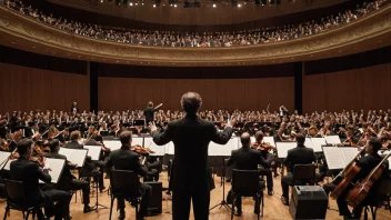 En konsertdireksjon som organiserer en konsert med et symfoniorkester på scenen.