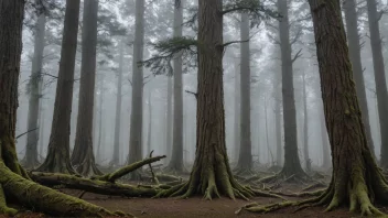 Et bilde av en gammel skog med vriddede trestammer og en tåkete atmosfære