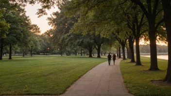 En fredelig kveldsscene med mennesker som går i en park