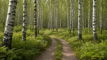 En malerisk bjerkeallé i en norsk skog, full av liv og grønne planter.