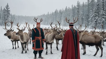 En gruppe samer i tradisjonelle klær, stående foran en reinsdyrflokk i et snølandskap.