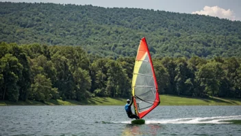 En person som driver med windsurfing på en innsjø.