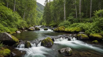 Et fredelig vannløp i norsk natur, omgitt av grønne trær og busker.