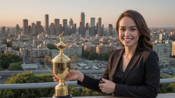 En person med et strålende smil og en pokal i hånden, som symboliserer fremragende prestasjoner.