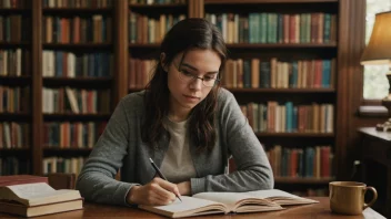 En person som skriver en bokomtale i et bibliotek.