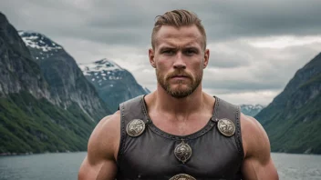 En norsk mann med et sterkt og selvbevisst uttrykk, stående foran en vikinginspirert bakgrunn