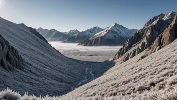 Et fjellområde med et lag av frost som dekker bakken og trærne, med en kald og isete atmosfære