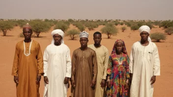 En gruppe mennesker fra Niger i tradisjonelle klær, med en bakgrunn av det nigerske landskapet.