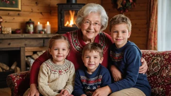 En bestemor og hennes barnebarn sitter på en sofa, omgitt av tradisjonelle norske dekorasjoner.