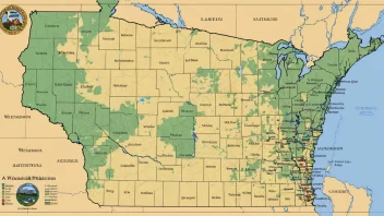 Et kart over Wisconsin som viser delstatens geografiske trekk og notable næringer.