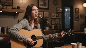 En person synger en ballade med gitar i en koselig kaffebar, med en varm atmosfære og et lite publikum