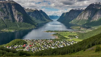 En pittoresk landsby i Norge med tradisjonelle hus og en storslagen natur.