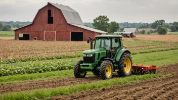 En bonde som arbeider i et jorde med en traktor og en låve i bakgrunnen.