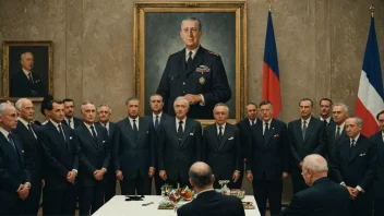 En gruppe gaullister samlet rundt et portrett av Charles de Gaulle, og viser sin støtte og beundring for den franske statsmannen og presidenten.