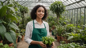 En person som arbeider med blader, omgitt av frodig grønne planter.