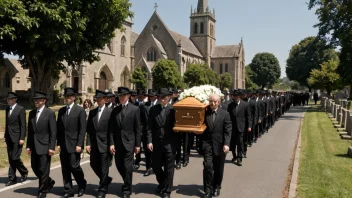 En begravelsesprosesjon med sørgeklær, hvor de bærer en kiste og går mot en kirke eller kirkegård.