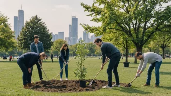 En gruppe mennesker planter trær i en park, med en bysilhuett i bakgrunnen, som symboliserer et lokalt miljøprosjekt.