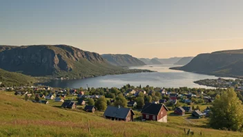 En pittoresk utsikt over Røytvoll, en liten by eller landsby i Norge, omgitt av rullende åser og fjell.