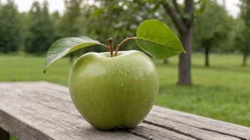 Et gravenstein-eple på et trebord, med en uskarp bakgrunn av en skandinavisk frukthage.