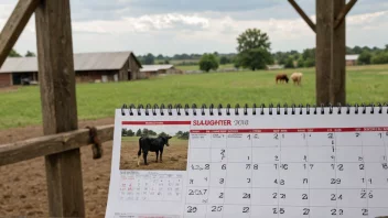 En kalender med merkte datoer for slakt, med en gård eller slakteri i bakgrunnen