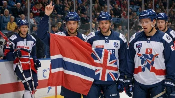 Et lag med ishockeyspillere fra Norge, med et flagg som representerer landet deres.