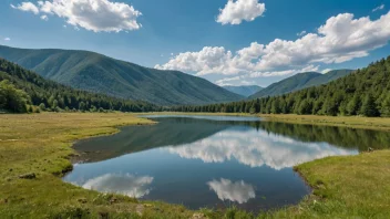 En malerisk utsikt over et naturlig område med en liten innsjø, åser og fjell.