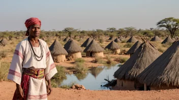 Et naturskjønt landskap i Botswana med en tradisjonell landsby i bakgrunnen og en person kledd i tradisjonelle klær i forgrunnen.