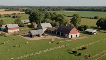 En stor gård med mange dyr og et stort gårdshus