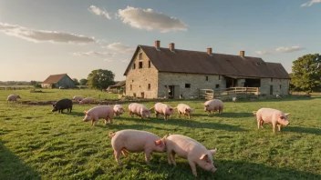 En grisefarm med et gårdsbruk og griser i åkeren