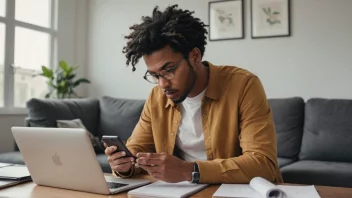 En person som sitter ved et skrivebord og ser på telefonen sin i stedet for å fokusere på arbeidet sitt.