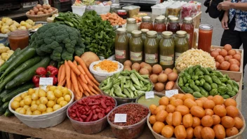 Et fargerikt utvalg av grønnsakprodukter på en markedstand.