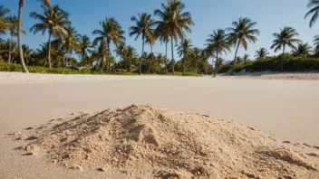 En naturskjønn utsikt over sand på en strand med en blå himmel og palmer i bakgrunnen.