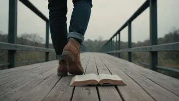 En person som går over en bro, med en bok som ligger over et bord i bakgrunnen.