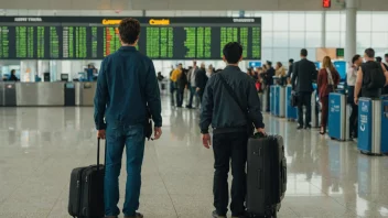 En person som holder en koffert og et pass, stående foran en avgangs tavle på en flyplass.