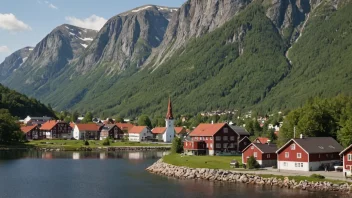 Et pittoreskt norsk landskap med en liten by eller landsby i bakgrunnen, med et skilt eller en bygning med navnet Seierstads.