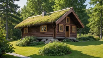 Et tradisjonelt norsk bauen, en liten trebygning med skråtak, omgitt av trær og en hage.