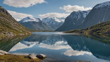 Et majestetisk fjell i Norge med snødekte topper og en fredelig innsjø.