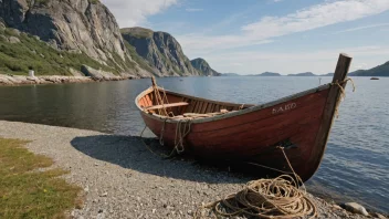 En liten, tradisjonell norsk båt, muligens med et fiskegarn eller annet fiskeutstyr, i en kystnær setting.