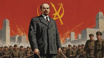 Et bilde som avbilder Vladimir Lenin og symbolene for leninismen.