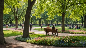 En sittebenk i en park med mennesker som sitter på den