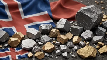 Et bilde som viser ulike bergverksprodukter, inkludert mineraler og metaller, med et norsk flagg i bakgrunnen.