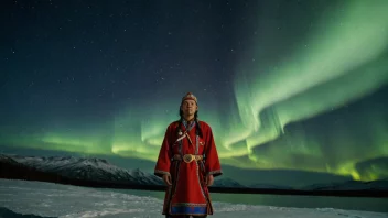 En same i tradisjonell klesdrakt, med nordlyset i bakgrunnen.