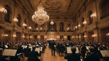 En klassisk musikkonsert med et symfoniorkester som spiller i en stor sal.