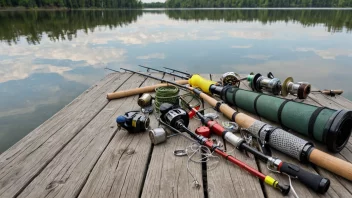 Et bilde av ulike fiskeutstyr, inkludert fiskestenger, fiskekroker og fiskegarn, arrangert på en trebrygge med en rolig innsjø i bakgrunnen.