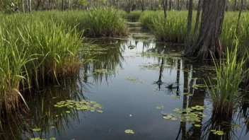 Et såpevann i en sump eller myr, med stille vann og frodig vegetasjon.