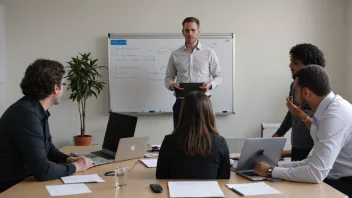 En gruppe mennesker i en opplæringsperiode, med en whiteboard og laptops foran dem.