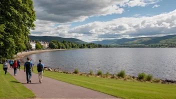 Et malerisk landskap av Inverness, Skottland, med Loch Ness og turister som nyter landskapet.