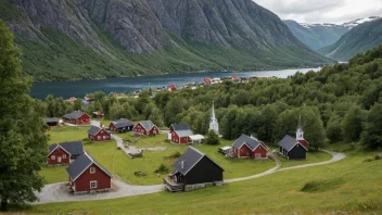 En pittoresk norsk landsby med trehus og en kirke