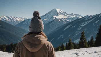 En person som bærer en varm alpelue, med et snødekt fjellandskap i bakgrunnen.