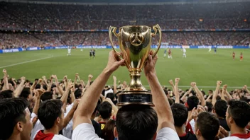 Et fotballstadion med en cup-trofé i forgrunnen, omgitt av heppende fans.